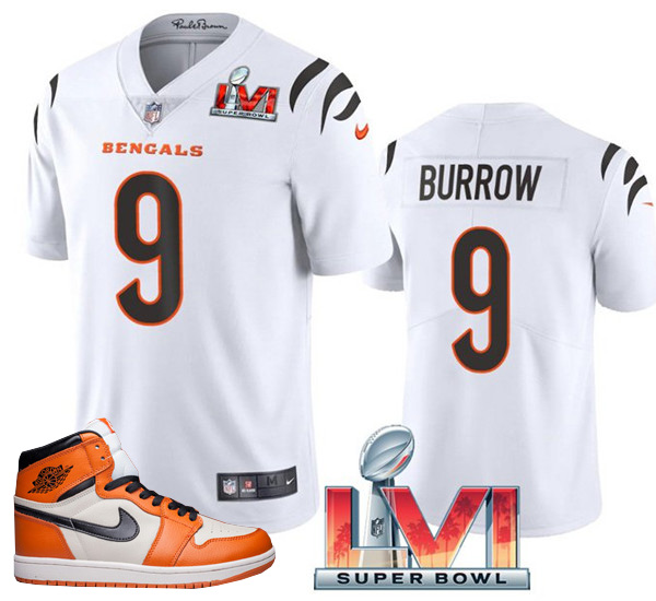Men's Bengals #9 Joe Burrow 2022 White Super Bowl LVI Stitched Jersey + AJ 1 Shoes